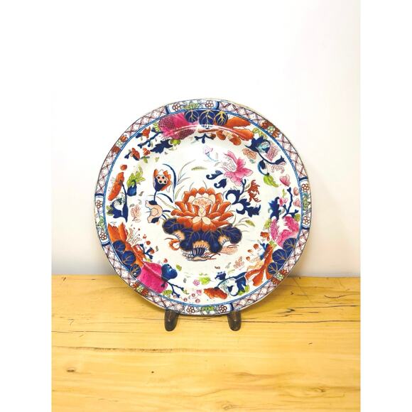 Antique 1813-1820 Masons Ironstone 8" Plate Water Lily Pattern, Signed 1/4 - 8" - Picture 2 of 9